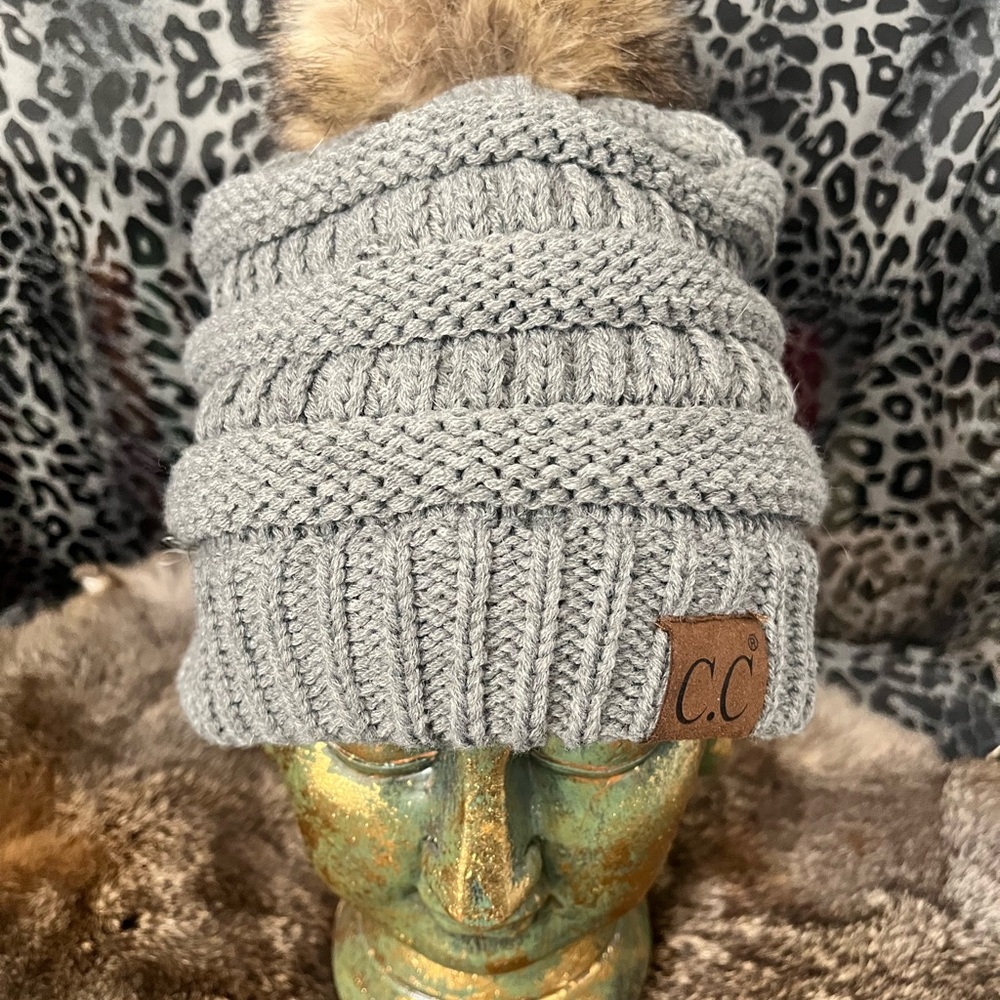 C.C  Light Gray Knit Beanie with Brown Faux Fur Pom